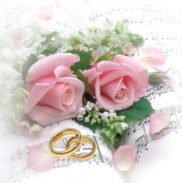 Serviette Wedding rings & pink roses