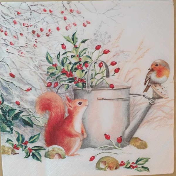 Serviette Red squirrel and robin