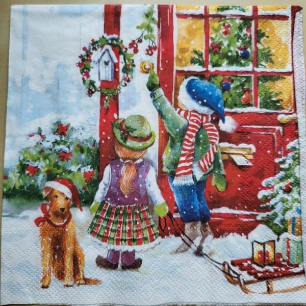 Serviette Kinder mit Hund und Schlitten
