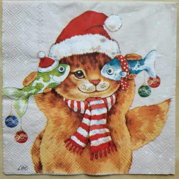 Serviette Weihnachtskatz und Fische